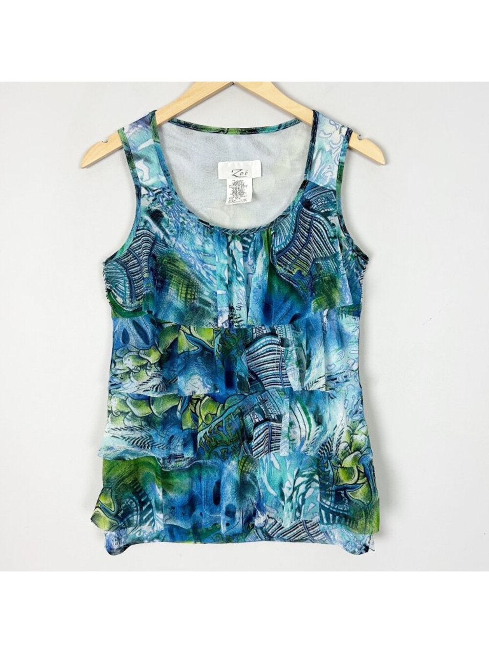 Y2K Zoe Mesh Tiered Ruffle Tank Top Abstract Artsy Print Size Small Women's